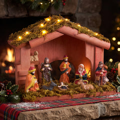 Salcar Weihnachtskrippe aus Holz mit Figuren – 20 LEDs, Batteriebetrieben, 23,5 cm Weihnachtsdeko