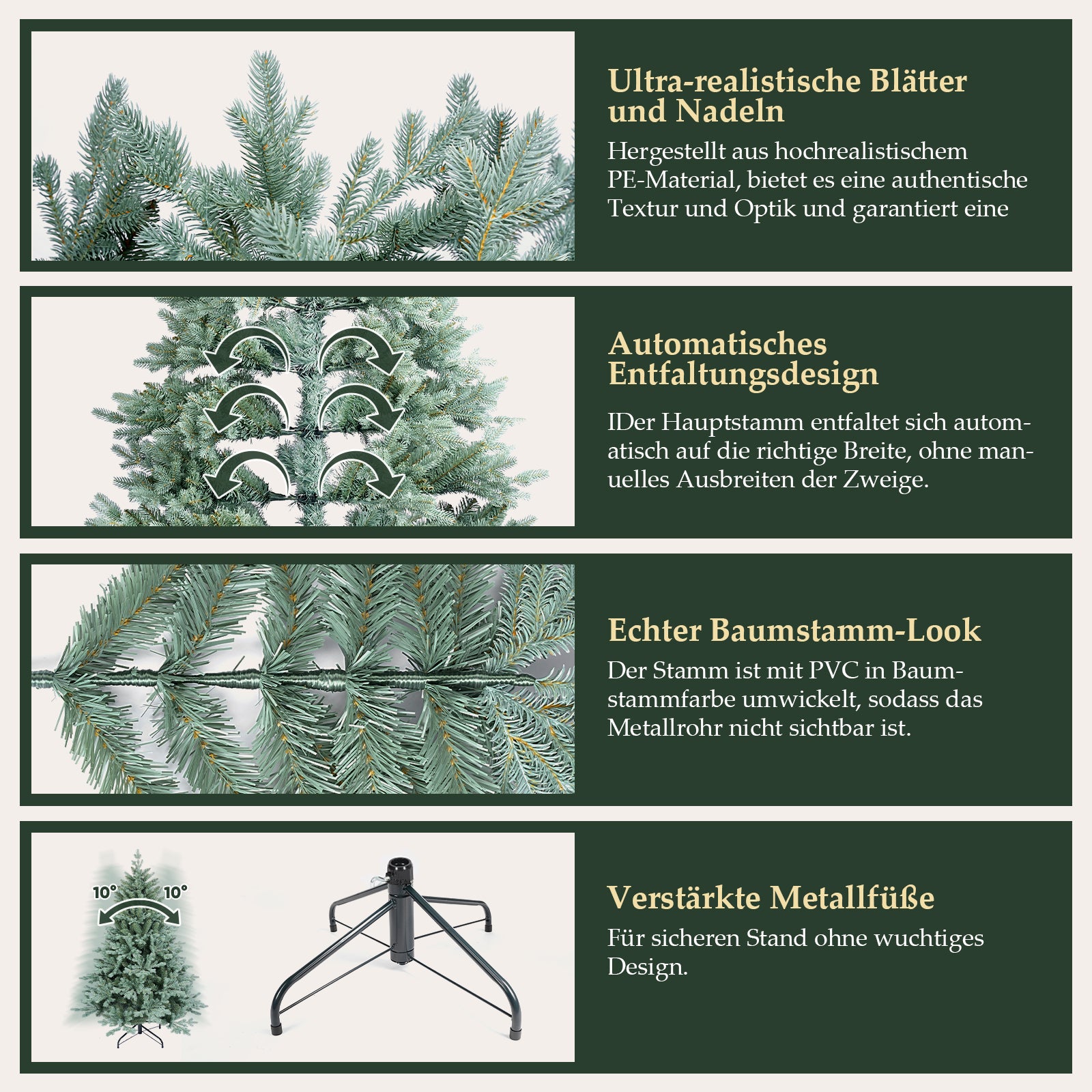 SALCAR Künstlicher Weihnachtsbaum aus PE & unsichtbaren PVC-Spitzen – Natürliche graugrüne Tanne mit Schnellaufbau-Klappsystem & stabilem Metallständer (150 cm / 180 cm / 210 cm)