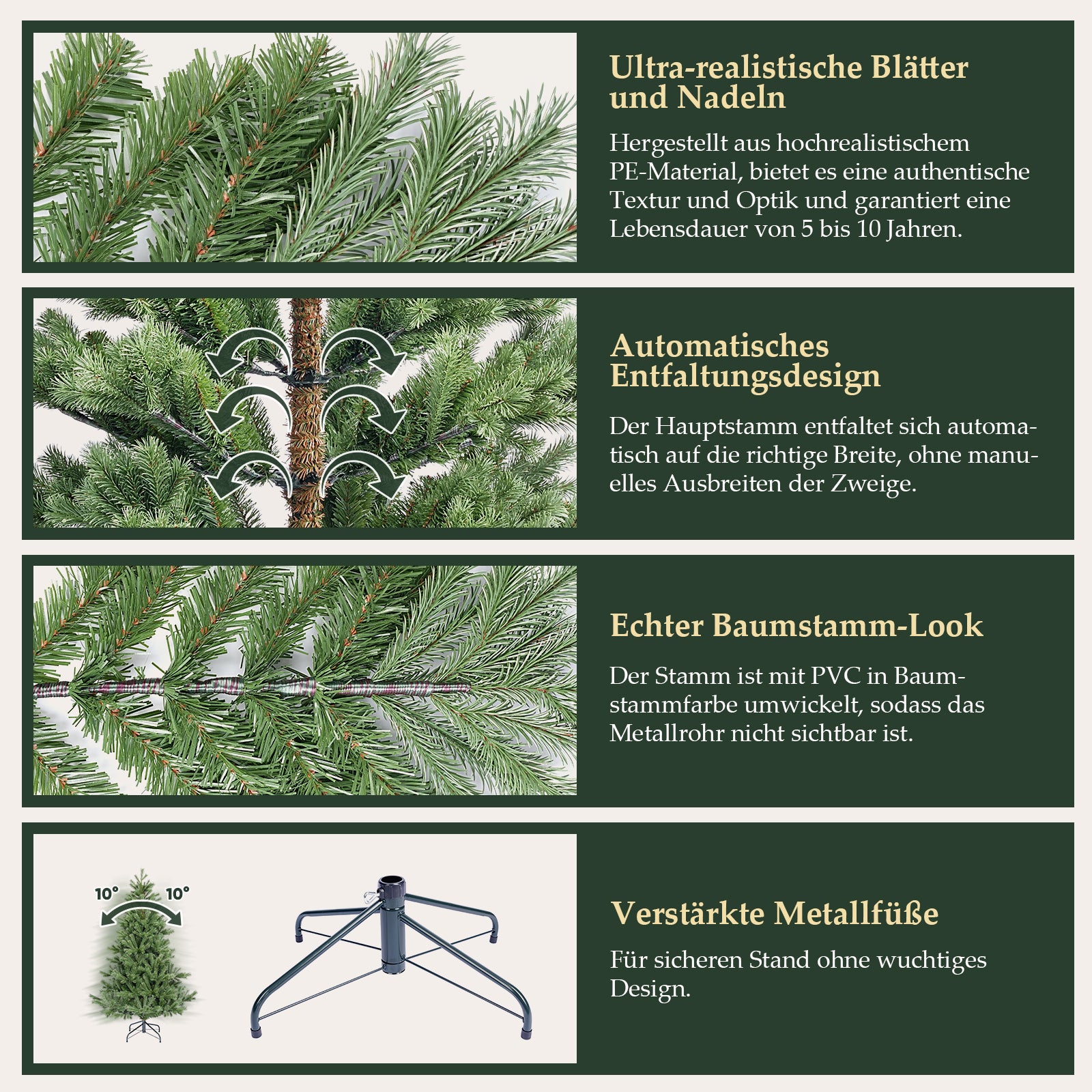 SALCAR Künstlicher Weihnachtsbaum 150/180/210 cm aus 90 % PE Spritzguss, Premium Nordmanntanne, realistischer Christbaum mit stabilem Metallständer & Schnellaufbau-Klappsystem