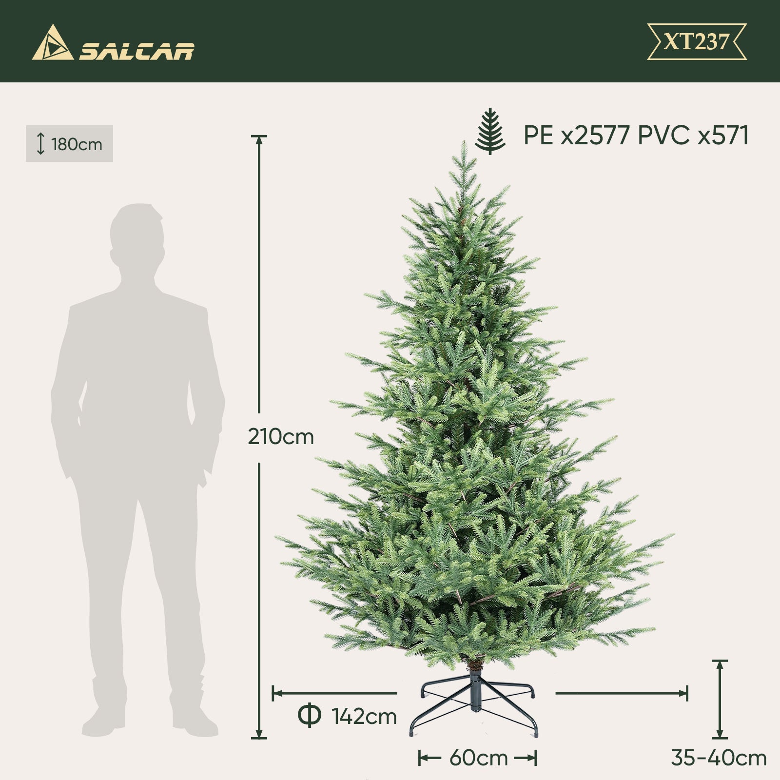 SALCAR Künstlicher Weihnachtsbaum 150/180/210 cm, 90 % PE Spritzguss Premium Tannenbaum, naturgetreuer Christbaum mit Metallständer & Handschuhen – Dicht, Klappbar & Wiederverwendbar