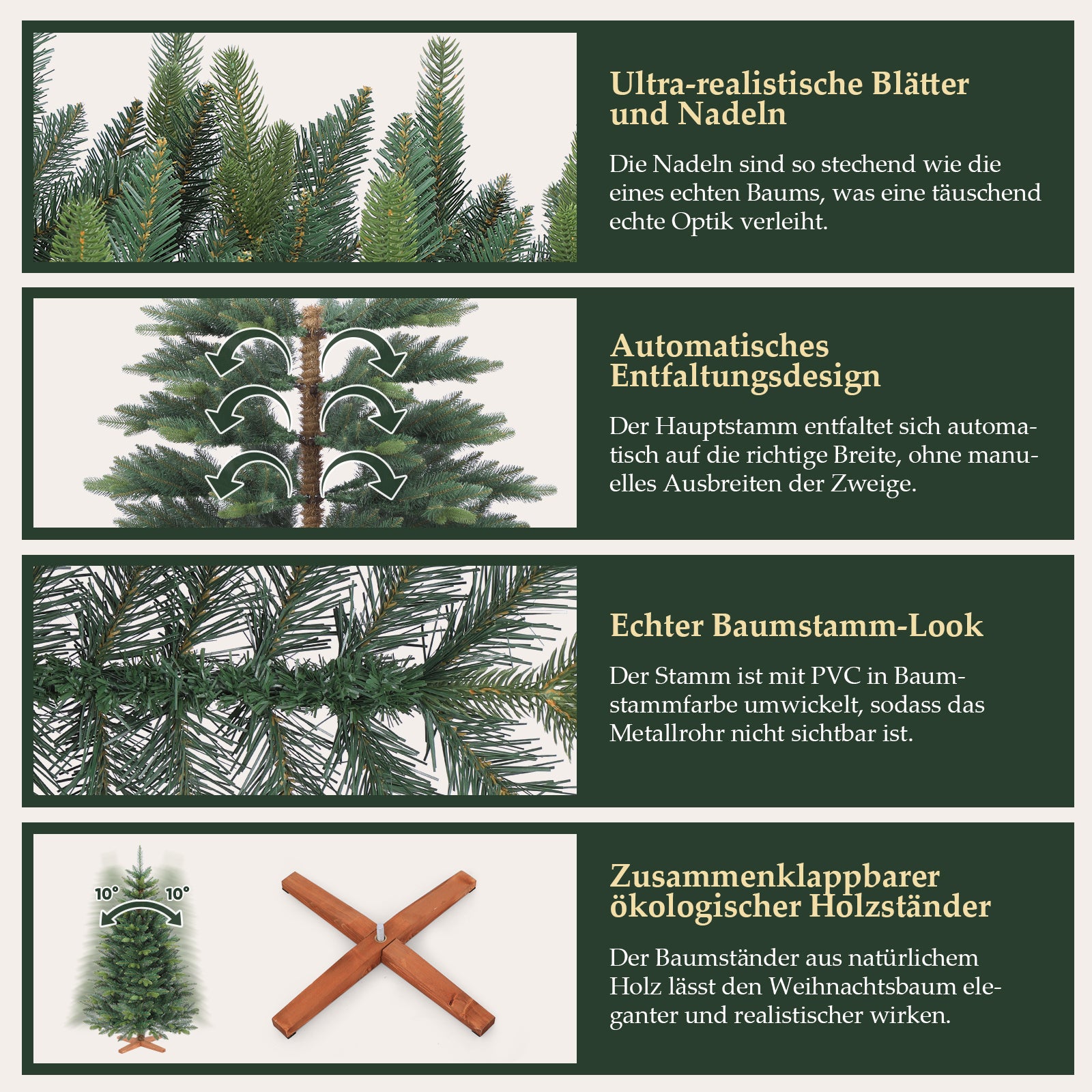SALCAR Künstlicher Weihnachtsbaum mit Holzständer, Premium PE+PVC Tannenbaum, Realistische & Dichte Optik, Einfacher Aufbau für Innenräume