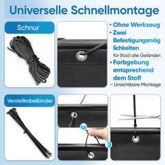 Sekey Balkon Sichtschutz blickdicht – 100% Privatsphäre, wetterfest & UV-beständig, mit Ösen, Kordel & Kabelbindern (PES, schwarz)