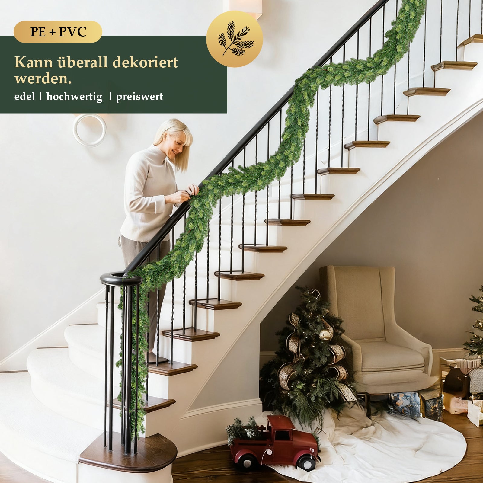 SALCAR Künstliche Weihnachtsgirlande aus PE & PVC, 1.8m/3m/5m – Realistische, Biegsame & Wiederverwendbare Tannengirlande für Tür, Fenster, Balkon & Treppengeländer