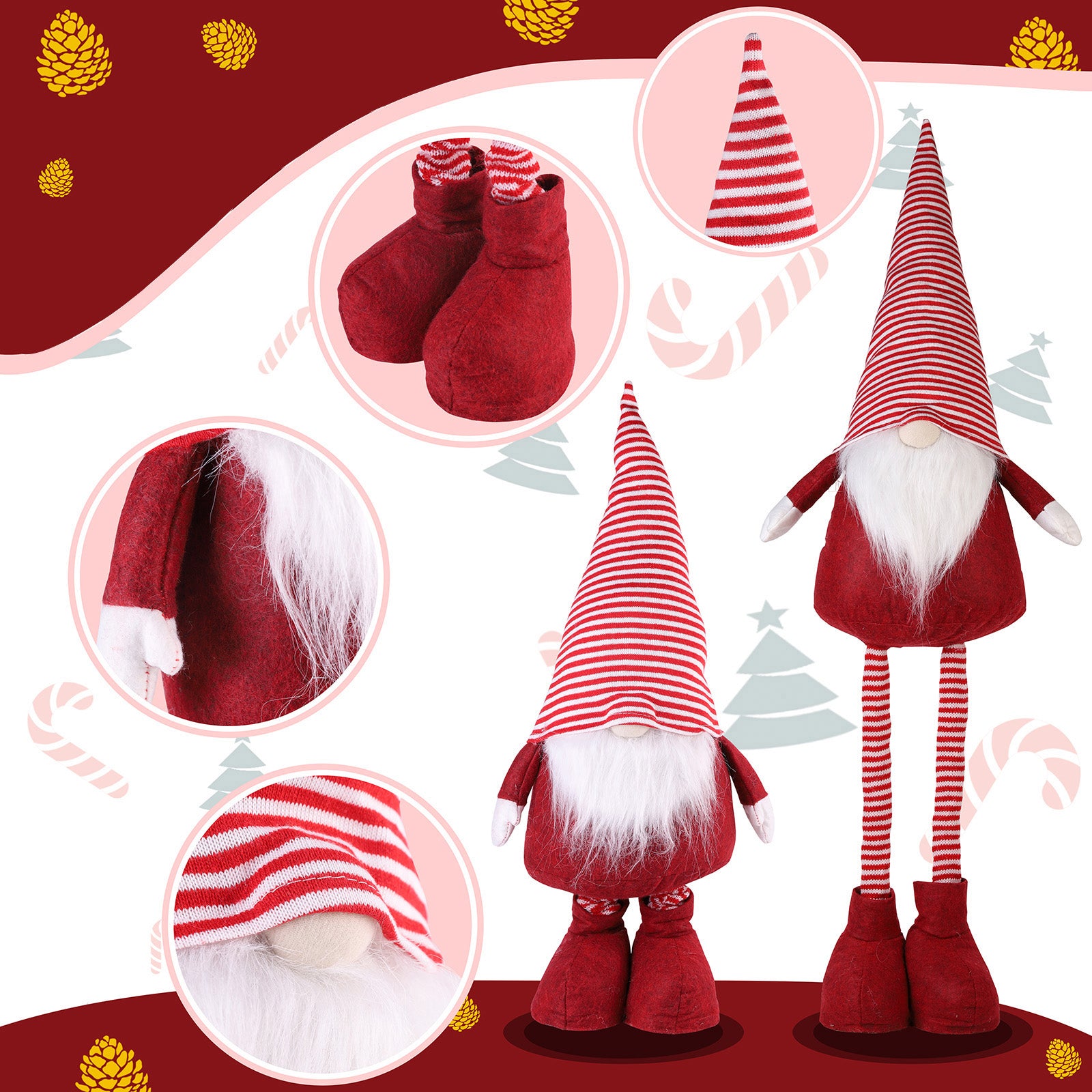 SALCAR Weihnachtsdeko Wichtel XL – Großer Deko-Gnom aus Filz, höhenverstellbar von 60–92 cm, Teleskopbeine, perfektes Geschenk zu Weihnachten & Thanksgiving – Rot