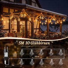Salcar Lichterkette Outdoor mit Hanfseil – 10 Diamant-Leuchten, 149 LEDs, 5 m, Warmweiß, 8 Modi