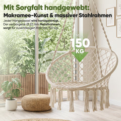 Sekey Hängesessel 360° drehbar mit Ringkissen – Boho Hängestuhl aus Recycling-Baumwolle, gemütlicher Hängesitz mit Metallkette & Karabinern für Wohnzimmer, Balkon und Terrasse