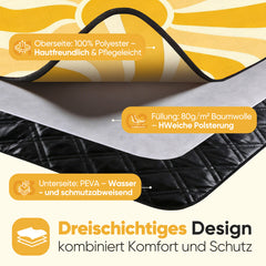 Sekey Picknickdecke Wasserdicht – Sandfreie Stranddecke mit Sonnen-Motiv, PEVA-Unterseite & Tragegurt für Picknick, Camping und Strand