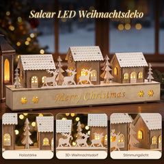 Salcar LED Schwibbogen aus Holz – 43 cm 3D Weihnachtsdorf, 8 LEDs, Batteriebetrieben, Naturholzoptik