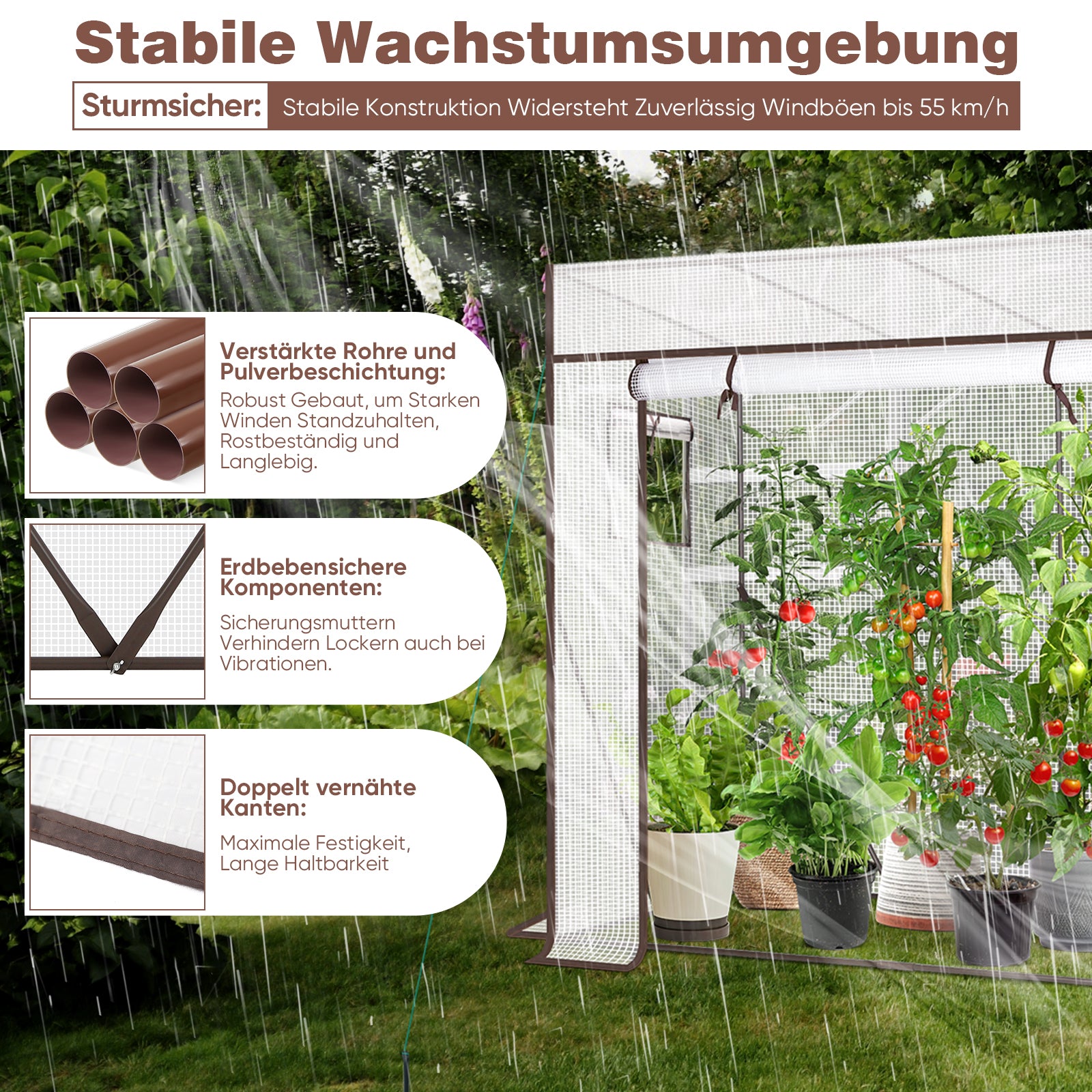 Sekey Tomatengewächshaus Tamara XL – Folien-Gewächszelt mit aufrollbarer Tür, stabiler Rahmen 200 x 77 x 146/170 cm