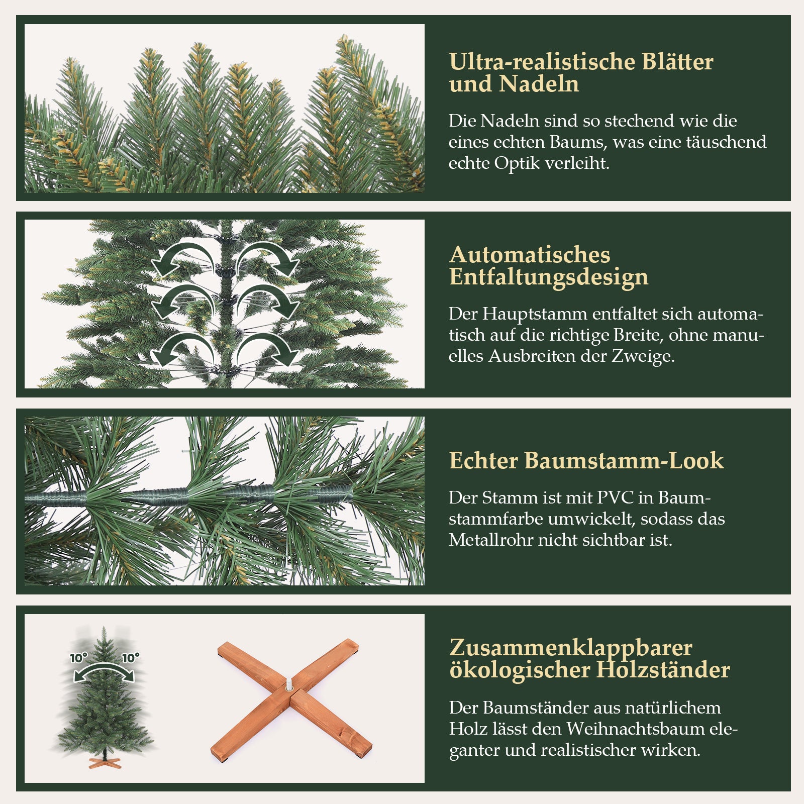 SALCAR Künstlicher Weihnachtsbaum mit Holzständer, 150/180/210 cm, Realistischer PVC Christbaum, Pflegeleicht & Hochwertige Weihnachtsdekoration für Innenräume