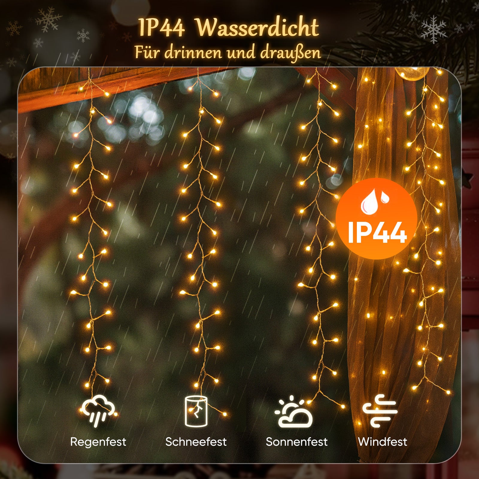 SALCAR LED-Lichtervorhang 300er Eisregen 3x1 m, 8 Modi & Timer, Warmweiß, IP44, Innen- & Außenbeleuchtung für Weihnachten & Party