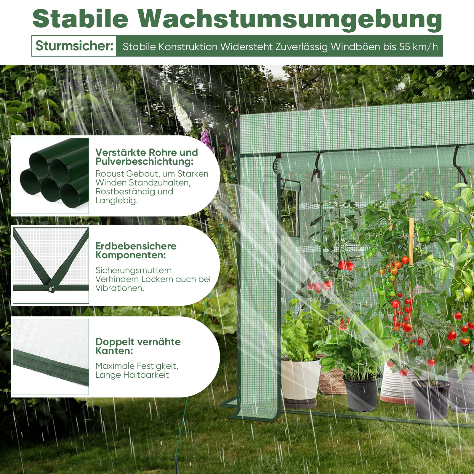 Sekey Tomatengewächshaus 200 x 170 x 77 cm – Begehbares Folien-Gewächshaus für Balkon & Garten, stabil, winterfest & UV-beständig, Grün