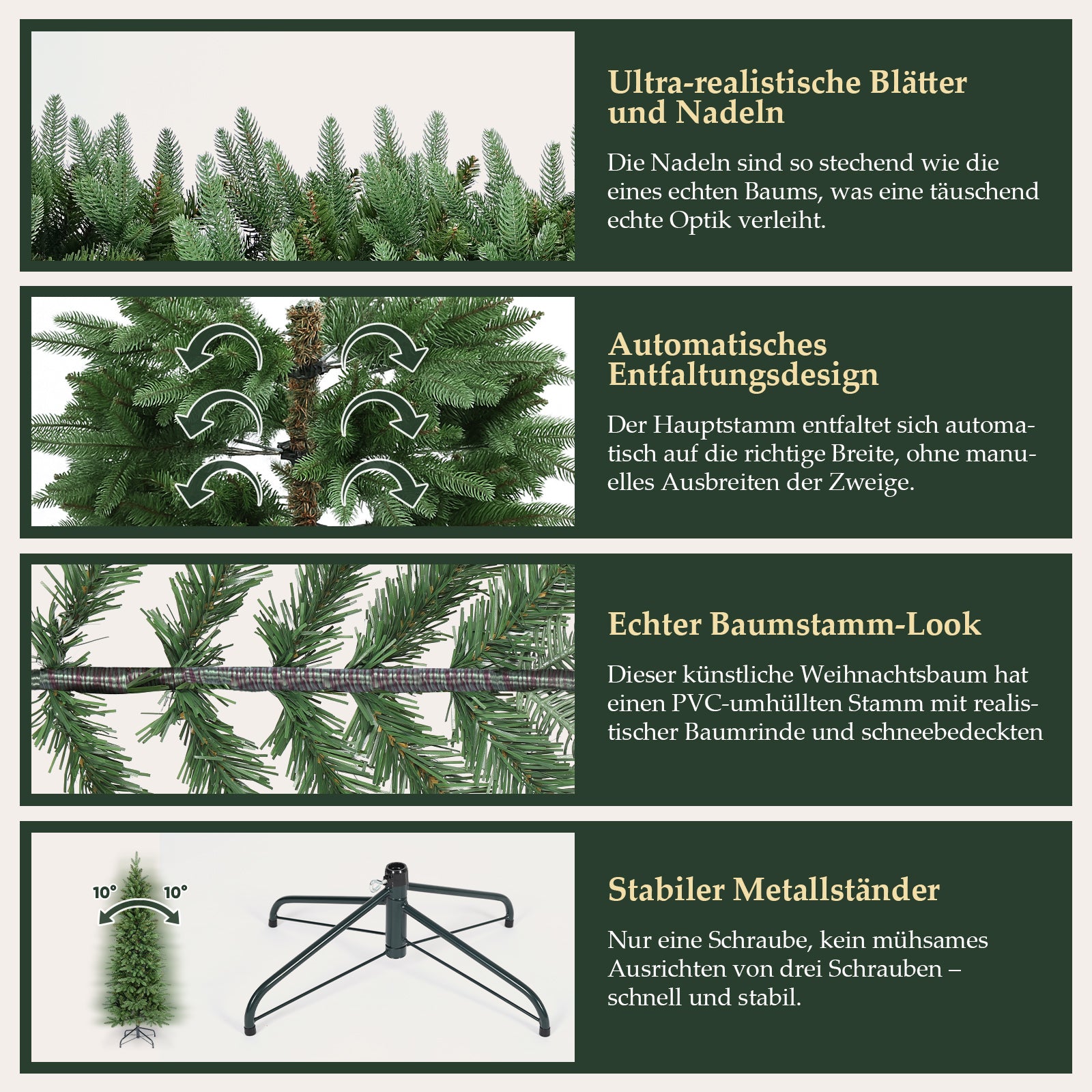 SALCAR Künstlicher Weihnachtsbaum 180 cm Slim – Schmaler Tannenbaum in Pencil-Form, realistische Nadeln aus PE & PVC, platzsparend & langlebig