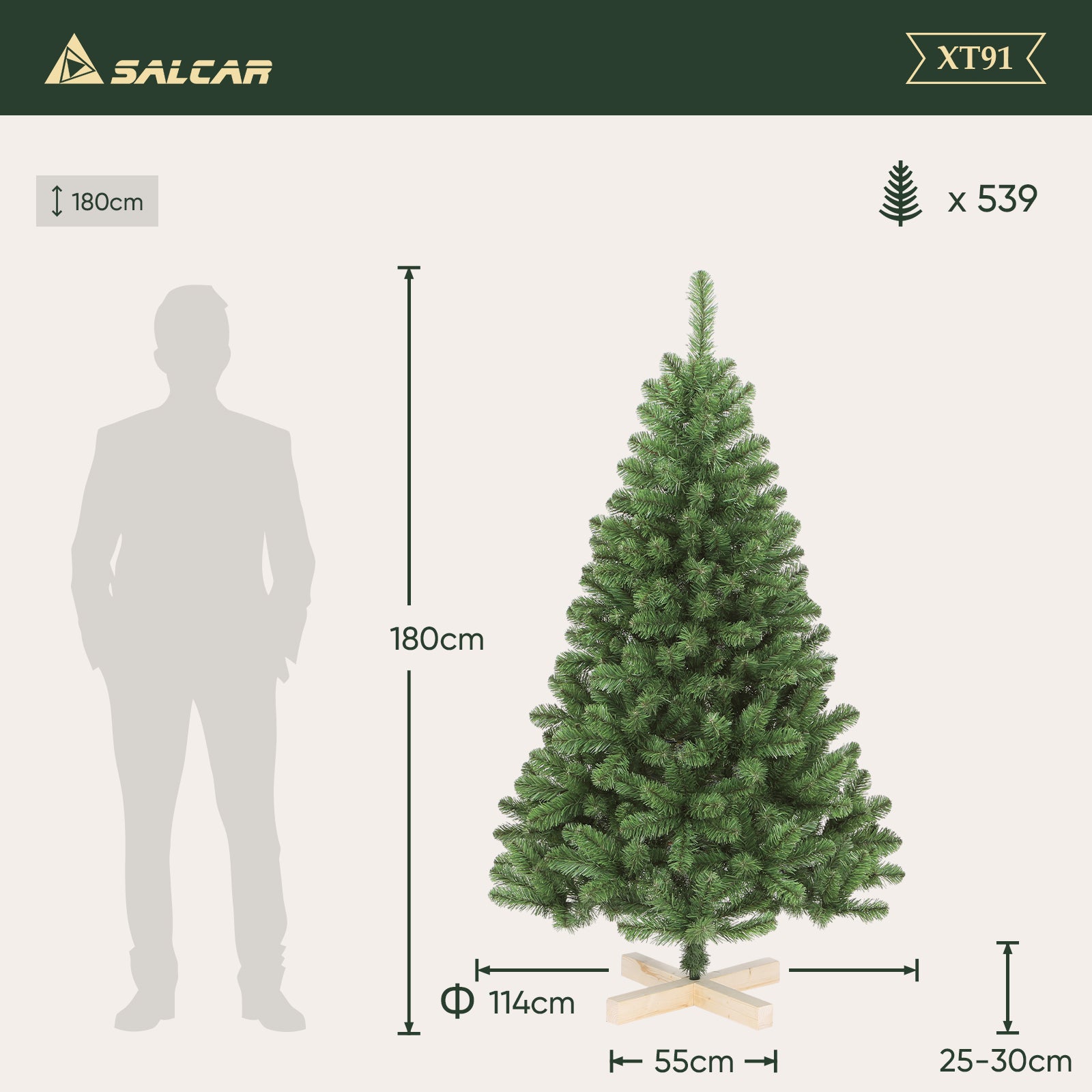 SALCAR Künstlicher Weihnachtsbaum 120/150/180/210 cm – Nordmanntanne-Optik mit Holzständer, Premium-Tannenbaum aus PVC mit runden Zweigspitzen