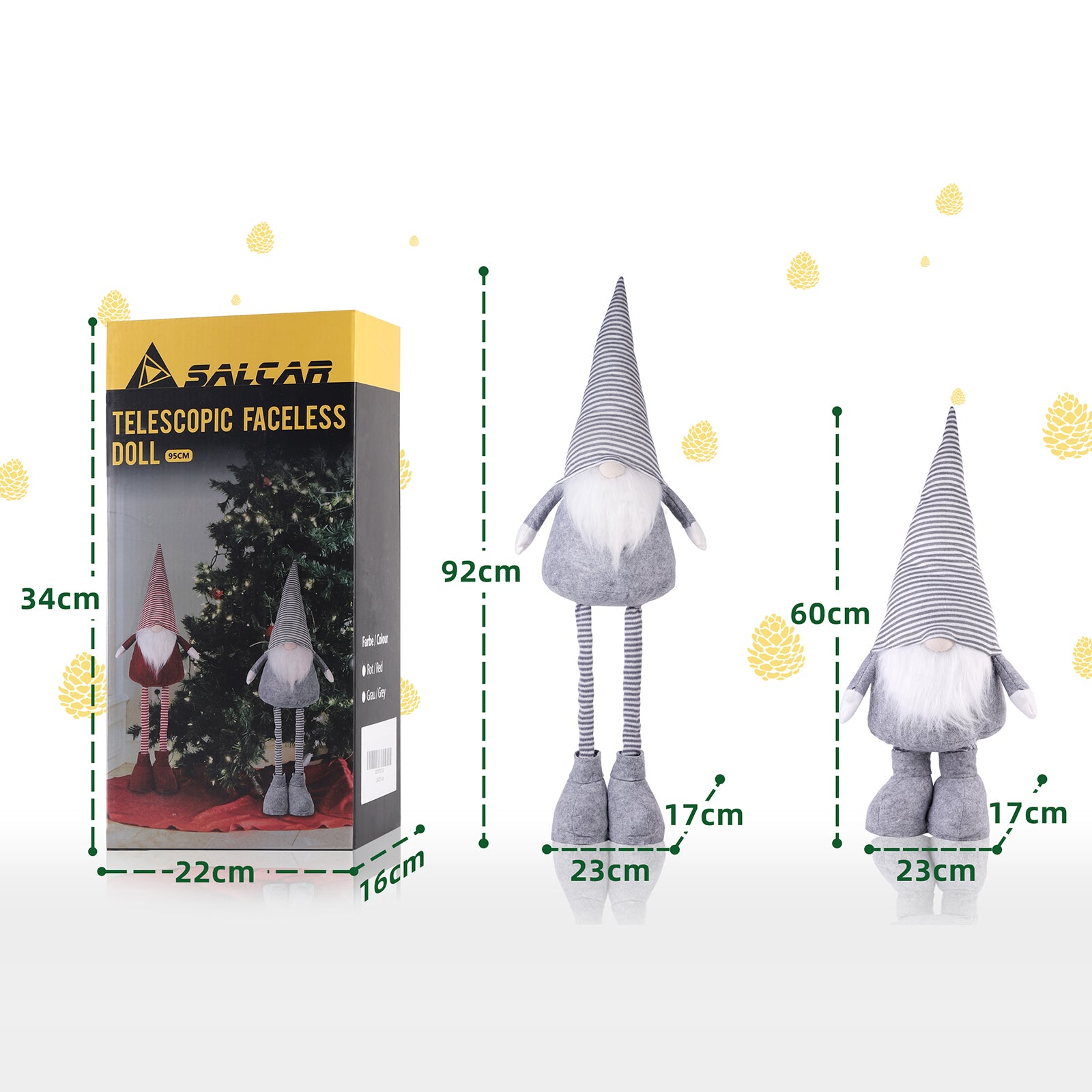 SALCAR Weihnachtsdeko Wichtel XL – Großer Deko-Gnom aus Filz, höhenverstellbar von 60–92 cm, Teleskopbeine, perfektes Geschenk zu Weihnachten & Thanksgiving – Grau