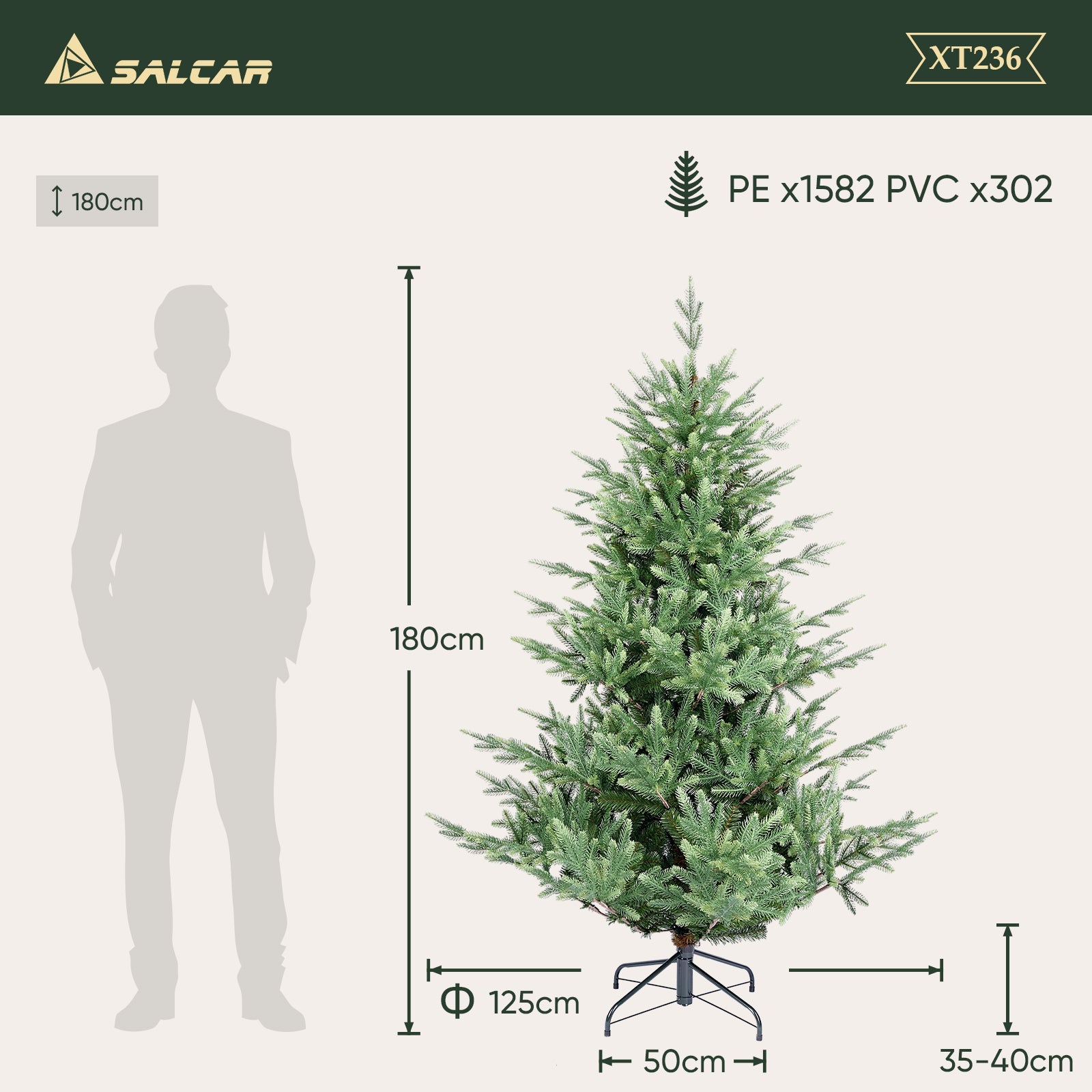 SALCAR Künstlicher Weihnachtsbaum 150/180/210 cm, 90 % PE Spritzguss Premium Tannenbaum, naturgetreuer Christbaum mit Metallständer & Handschuhen – Dicht, Klappbar & Wiederverwendbar