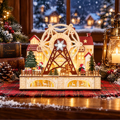 Salcar LED Weihnachtsdorf aus Holz mit Riesenrad – 27,5 cm, 12 LEDs, Batteriebetrieben, Rot & Weiß
