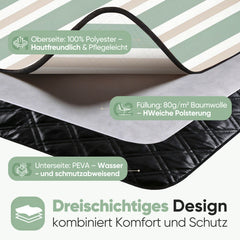 Sekey Picknickdecke Wasserdicht – Sandfreie Stranddecke mit Klassischem Streifenmuster in Hellgrün, Hellbraun & Weiß, PEVA-Unterseite & Tragegurt für Picknick, Camping und Strand