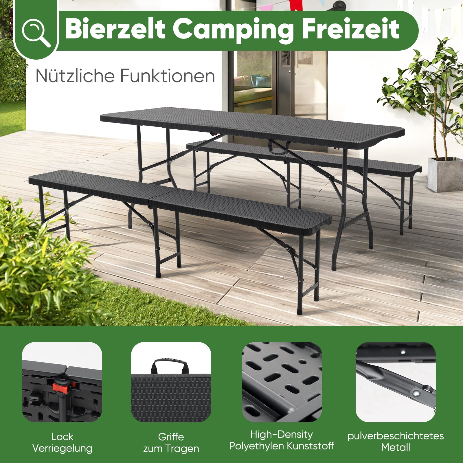 Sekey Klappbare Bierzeltgarnitur 180 cm im Rattan-Look – Gartenmöbel – sekeymall