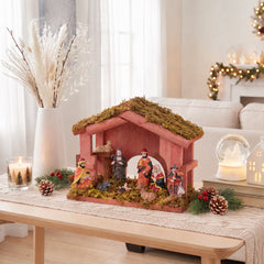 Salcar Weihnachtskrippe aus Holz mit Figuren – 20 LEDs, Batteriebetrieben, 23,5 cm Weihnachtsdeko