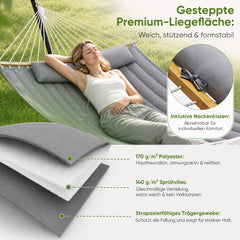 Sekey XXL Doppelhängematte mit Kissen – Gepolsterte Hängematte für 2 Personen, bis 200 kg belastbar, mit Bambus-Spreizstäben und Tragetasche für Garten, Balkon & Camping