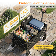 SUNULA Foldable Wagon 120 kg – 150L Handcart with Off-Road Wheels, Brakes &amp; One-Hand Handle