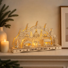 Salcar LED Schwibbogen aus Holz, 3D Weihnachtsdeko mit Fachwerkhäusern, Turm & Tannen, 10 warmweiße LEDs, batteriebetriebener Lichterbogen für Fensterbank & Sideboard