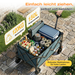 SUNULA Foldable Wagon 120 kg – 150L Handcart with Off-Road Wheels, Brakes &amp; One-Hand Handle