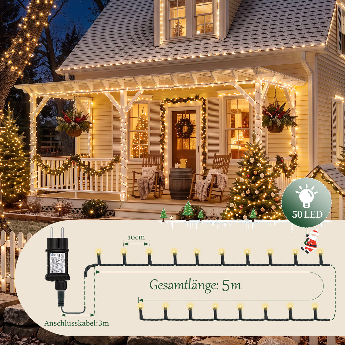 Salcar LED Lichterkette Weihnachten Warmweiß, 5–30 m, 50–300 LEDs, IP44 Outdoor, 8 Modi, Timer & Memory