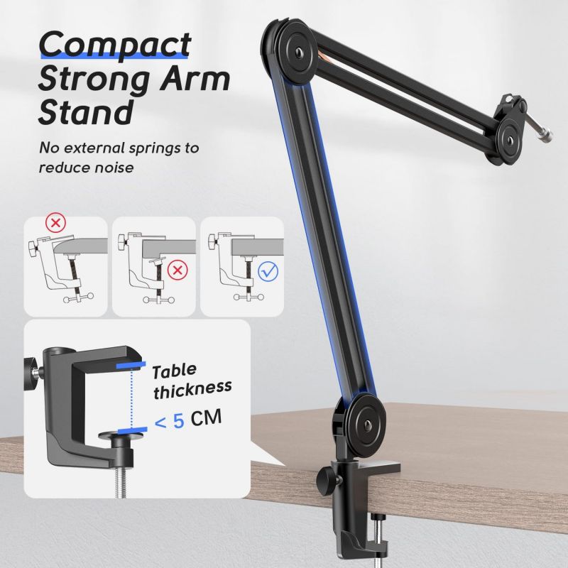 FIFINE 2 kg microphone arm with microphone clip, 3/8" to 5/8" adapter