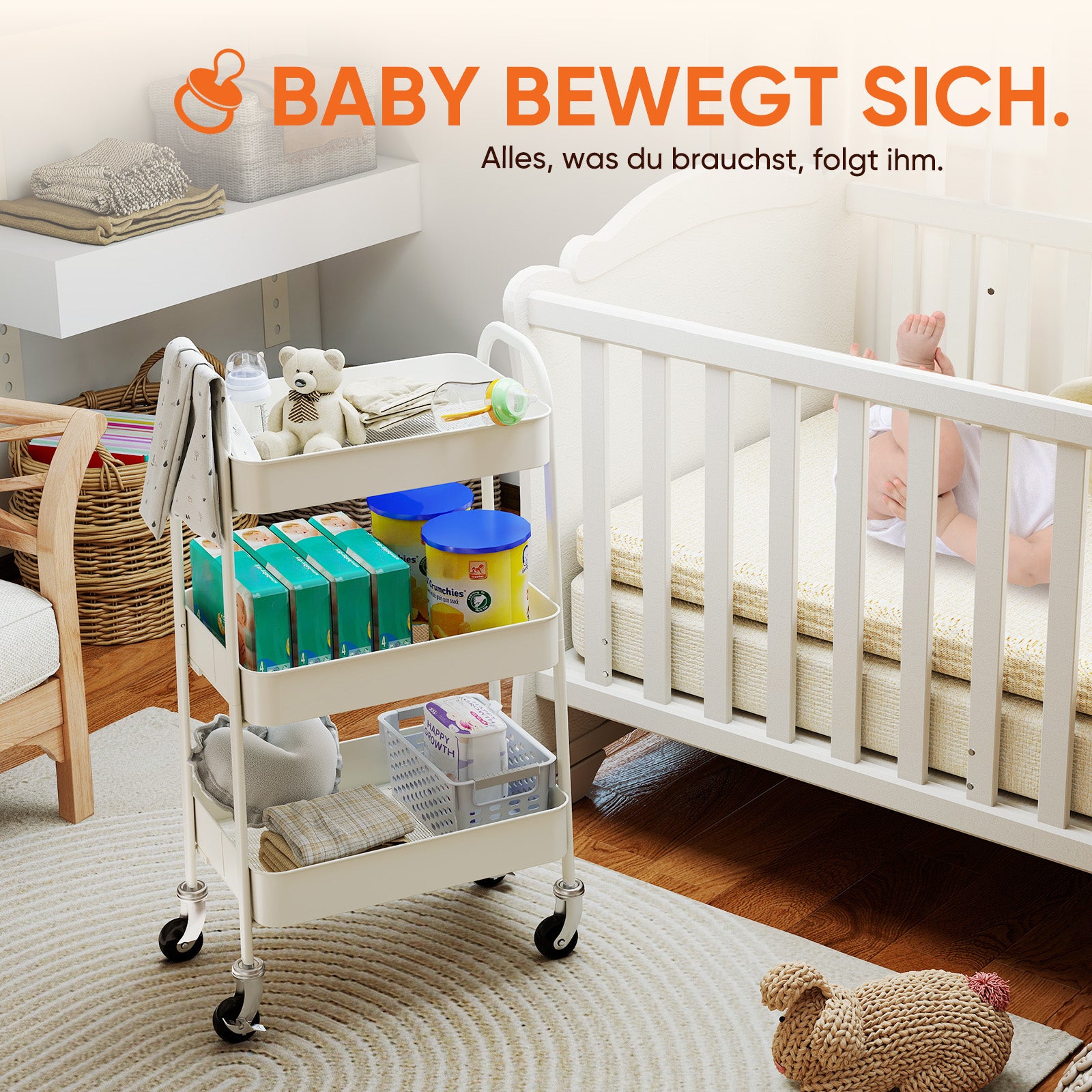 Sekey Rollwagen mit 3 Ebenen – Küchenwagen aus Stahl mit rostfester Lackierung, 360°-Gummirädern & Bremse, werkzeugloser Aufbau, vielseitiger Servierwagen für Küche, Bad, Büro & mehr – Weiß