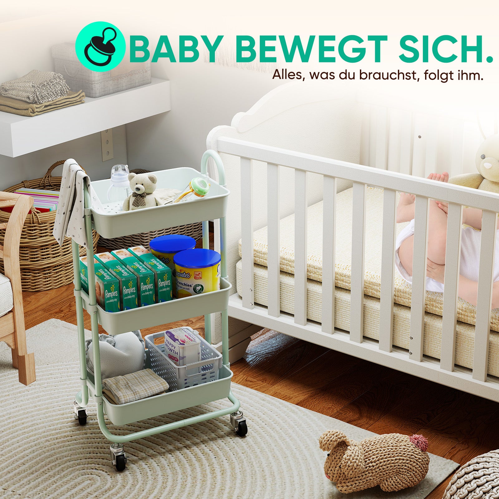 Sekey Rollwagen mit 3 Ebenen – Küchenwagen aus Kunststoff & Edelstahl, rostfest, 360°-Gummiräder mit Bremse, ergonomischem Griff, bis 30 kg belastbar, vielseitiger Servierwagen für Küche, Bad, Büro & mehr – Mintgrün