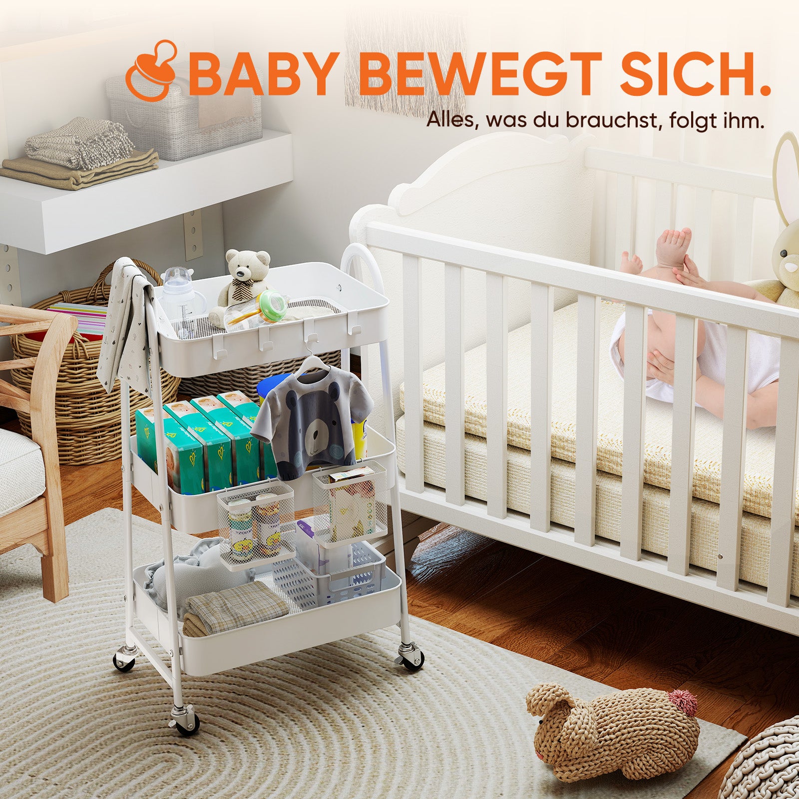 Sekey Rollwagen mit 3 Ebenen – Küchenwagen aus Stahl mit rostfester Lackierung, 2 Hängekörben & 4 Haken, 360°-Rollen mit Bremse, ergonomischem Griff, bis 30 kg belastbar, vielseitiger Servierwagen für Küche, Bad, Büro & mehr – Weiß
