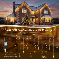 Salcar Eiszapfen Lichterkette 5 m – 200 LEDs Warmweiß, 8 Modi, Timer & Memory, IP44