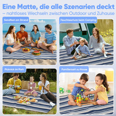 Sekey Wasserdichte Picknickdecke – Sandfeste, faltbare Strandmatte mit gepolstertem PEVA-Untergrund, tragbar für Outdoor, Camping, Strand & Wiese, Blau-Weiß-Beige Streifen Sekey