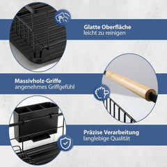 Sekey Abtropfgestell Geschirr mit Holzgriff – Platzsparender Spülen-Organizer mit Besteckablage, Schwarz & Rostfrei, Kompakter Geschirrständer für Küche