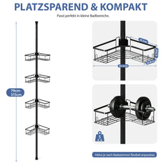 Sekey Duschregal Ohne Bohren – Höhenverstellbares Eck-Duschregal 79–315 cm mit 4 Körben & Klicksystem, Stabiles Teleskop-Dusch-Organizer für Badezimmer
