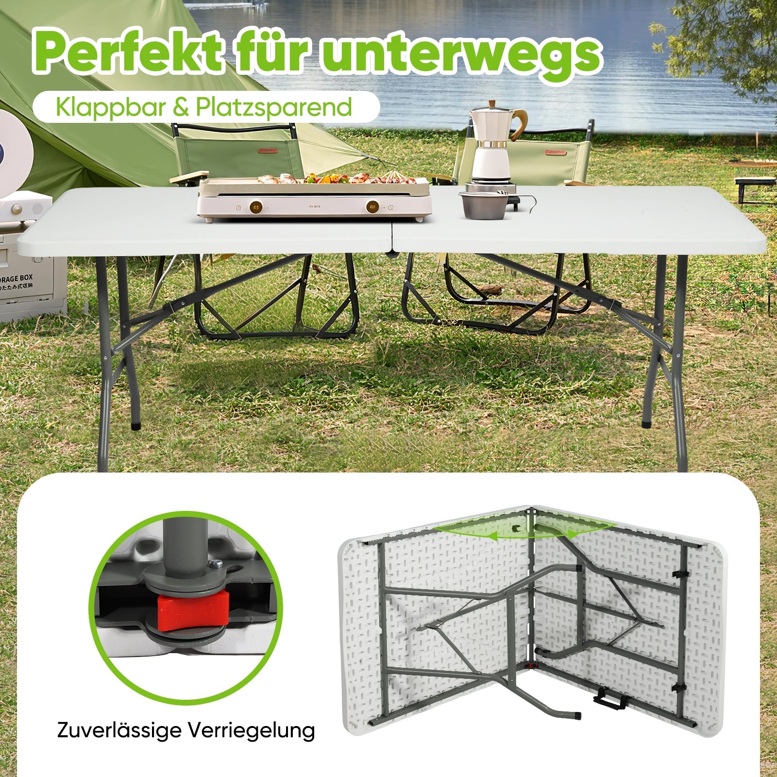 campingtisch platzsparend Sekey Klapptisch 152x70x74 cm – Robuster Buffettisch aus Kunststoff, – sekeymall
