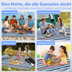 Sekey Picknickdecke – Wasserdicht & sandfest, faltbare Strandmatte mit PEVA-Unterseite, gepolstert & tragbar für Camping, Strand & Wiese – Blau-Weiß-Rote Streifen Sekey