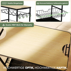 Sekey Serving Trolley with Wheels – Bar Trolley &amp; Kitchen Trolley with MDF Top, Wine Glass Holder, Hooks &amp; Drawer Basket, 360° Wheels, Handle, Rustproof – Black