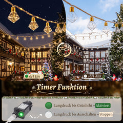 Salcar Lichterkette Outdoor mit Hanfseil – 10 Diamant-Leuchten, 149 LEDs, 5 m, Warmweiß, 8 Modi