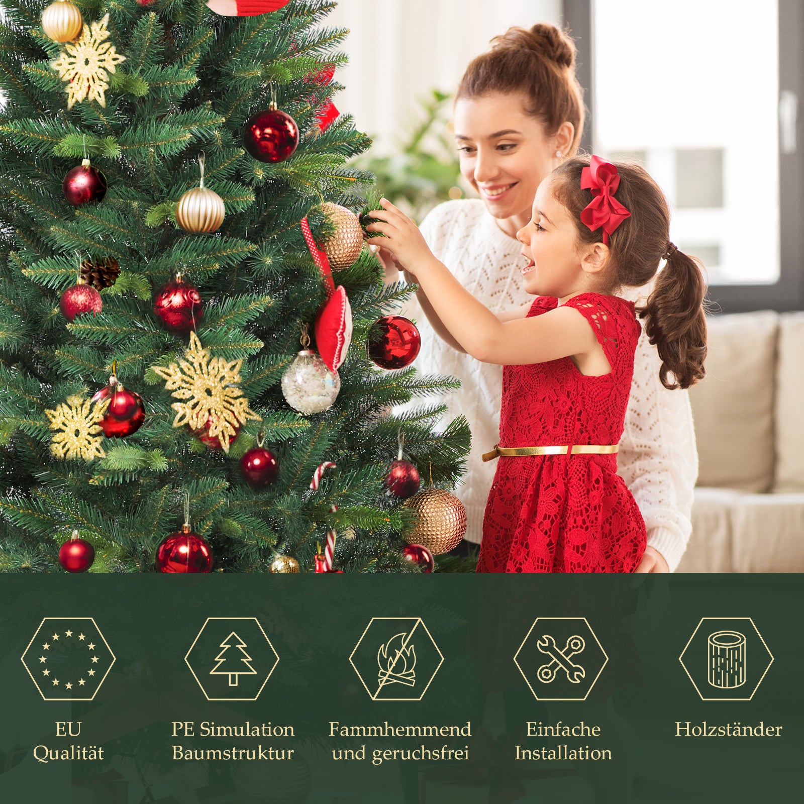 SALCAR Künstlicher Weihnachtsbaum mit Holzständer, Premium PE+PVC Tannenbaum, Realistische & Dichte Optik, Einfacher Aufbau für Innenräume