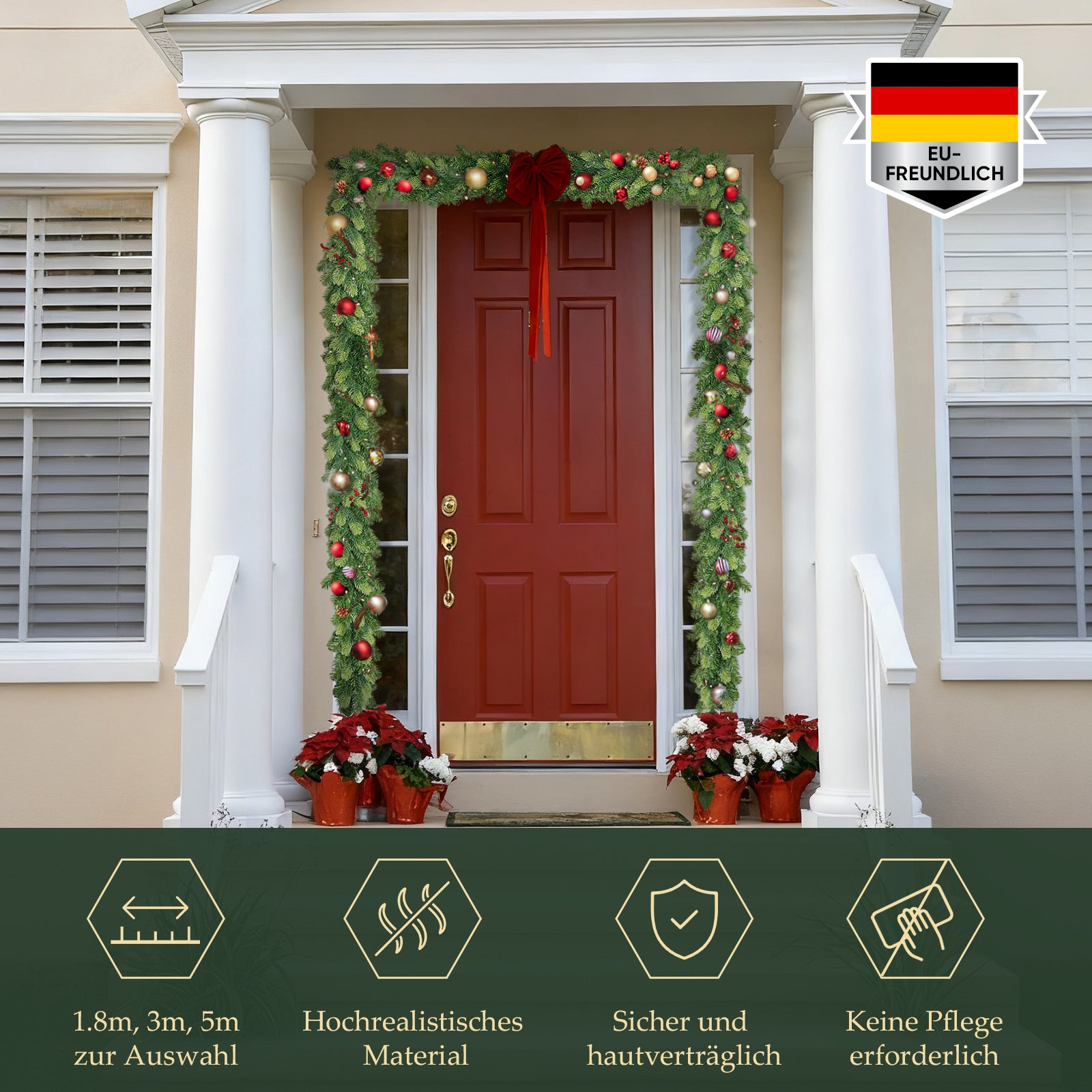 SALCAR Künstliche Weihnachtsgirlande aus PE & PVC, 1.8m/3m/5m – Realistische, Biegsame & Wiederverwendbare Tannengirlande für Tür, Fenster, Balkon & Treppengeländer