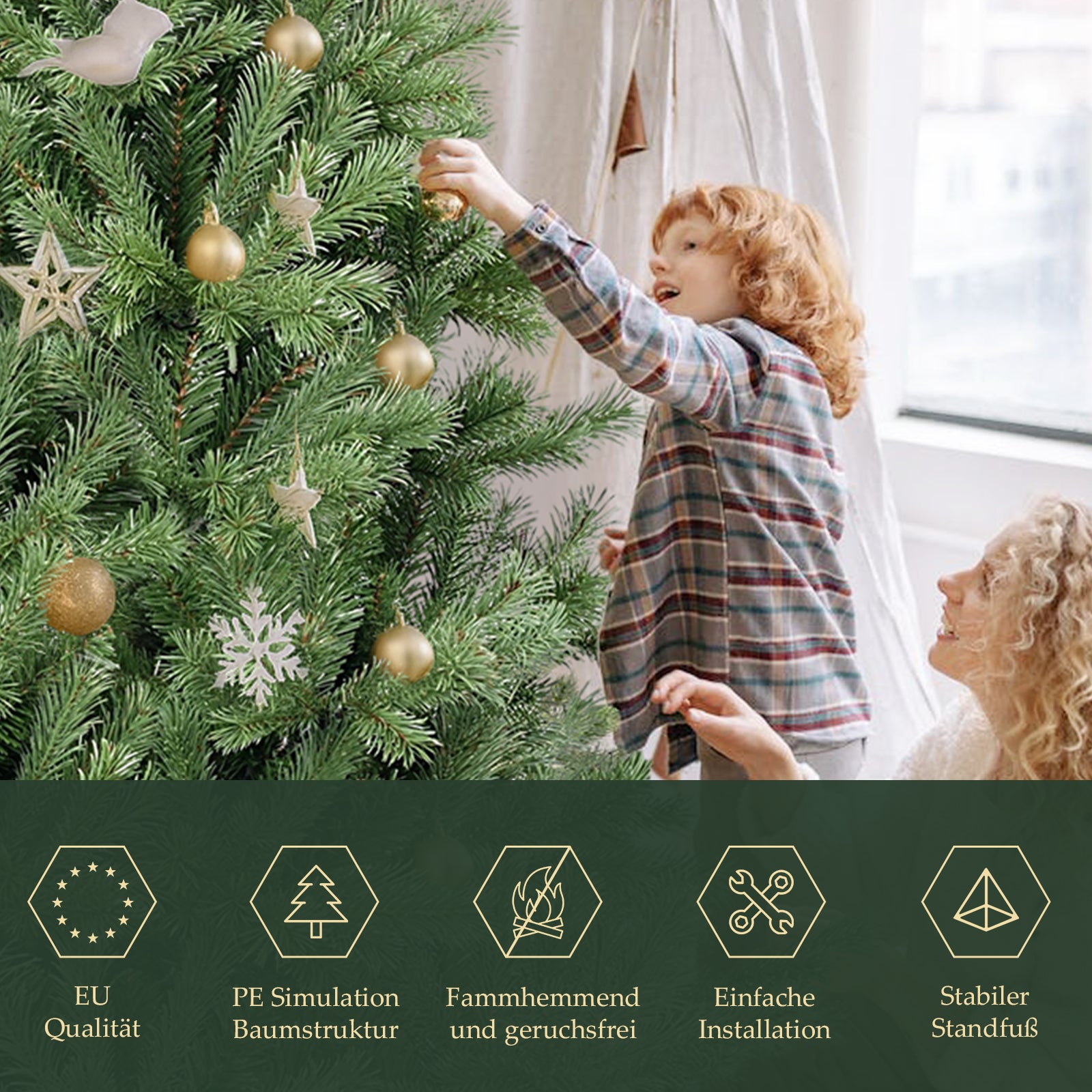 SALCAR Künstlicher Weihnachtsbaum 150/180/210 cm aus 90 % PE Spritzguss, Premium Nordmanntanne, realistischer Christbaum mit stabilem Metallständer & Schnellaufbau-Klappsystem