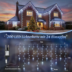 Salcar Eiszapfen Lichterkette 5 m – 200 LEDs Kaltweiß, 8 Modi, Timer & Memory, IP44