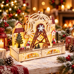 Salcar LED Weihnachtsdorf aus Holz mit Riesenrad – 27,5 cm, 12 LEDs, Batteriebetrieben, Rot & Weiß