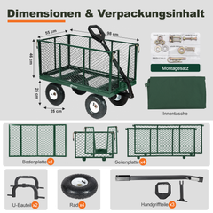 Sekey 3-in-1 Bollerwagen 500 kg – Gartenwagen mit abnehmbaren Seitenwänden & 10-Zoll-Gummireifen, leise & rostfrei, schnelle Montage in 8 Minuten, Plattform- & Transportwagen
