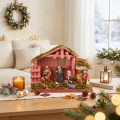Salcar Weihnachtskrippe aus Holz mit Figuren – 20 LEDs, Batteriebetrieben, 23,5 cm Weihnachtsdeko