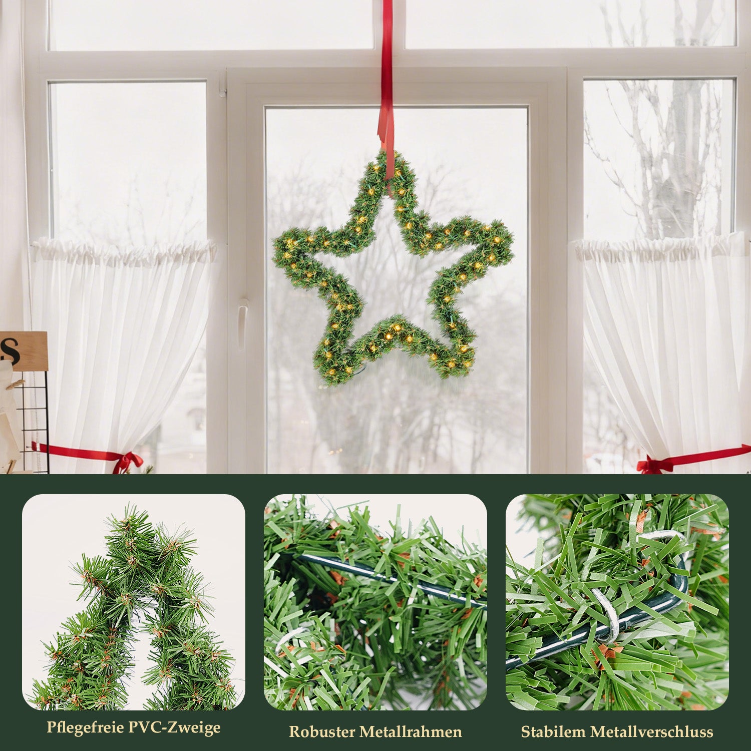 SALCAR Weihnachtsstern aus PVC mit warmweißer LED-Lichterkette – 40 cm / 55 cm, mit Batteriefach & Timer, wetterfest für Innen und Außen