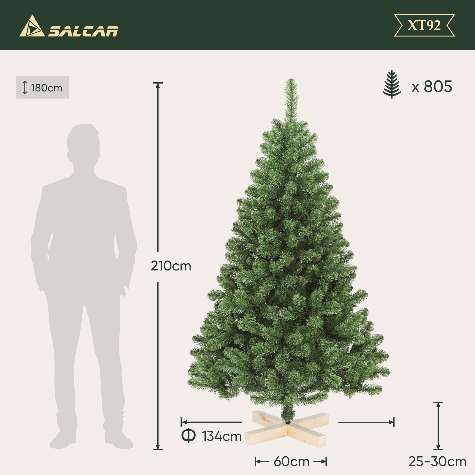 SALCAR Künstlicher Weihnachtsbaum 120/150/180/210 cm – Nordmanntanne-Optik mit Holzständer, Premium-Tannenbaum aus PVC mit runden Zweigspitzen
